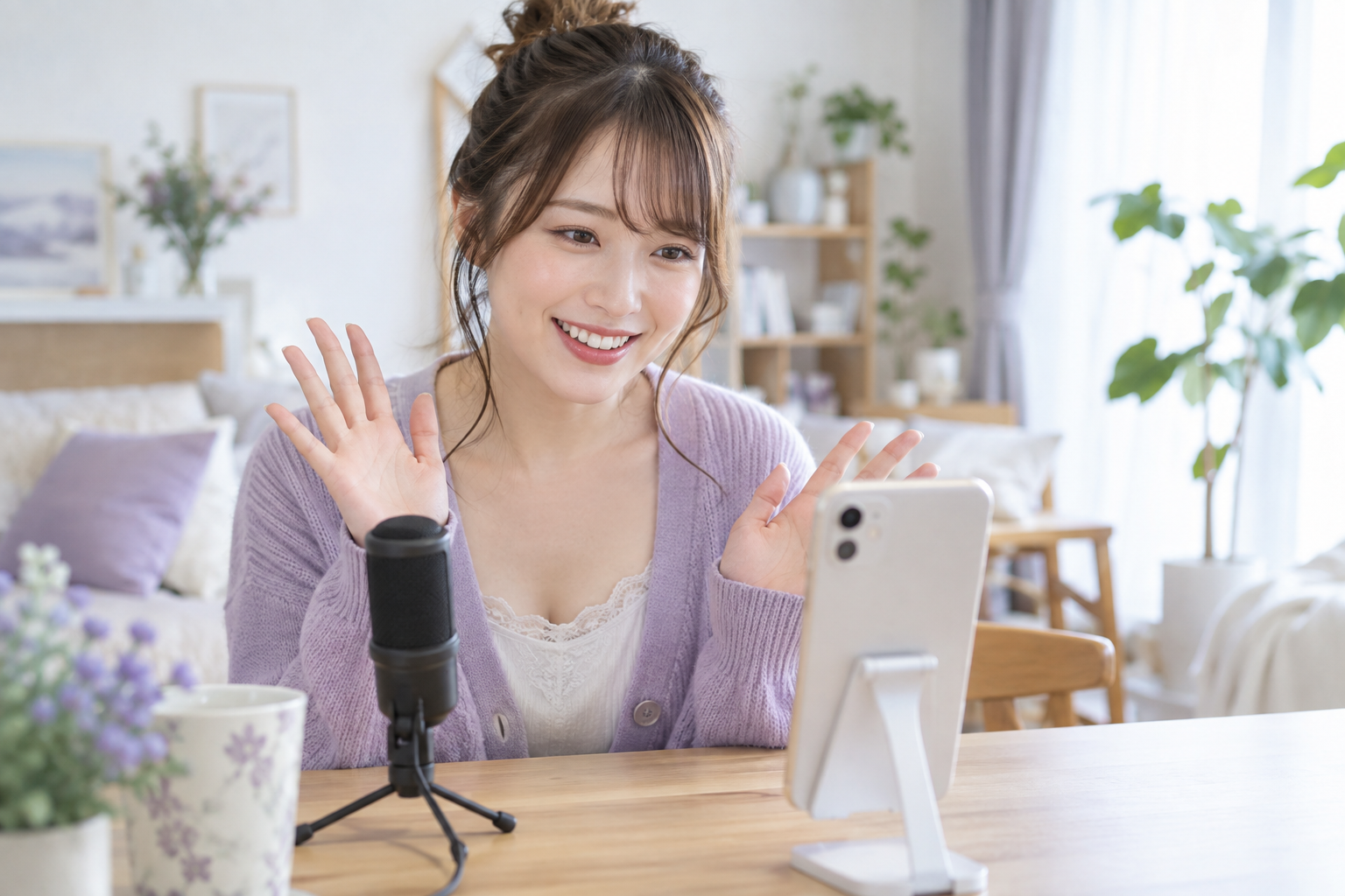 スマートフォンに向かって話す配信者のイメージ