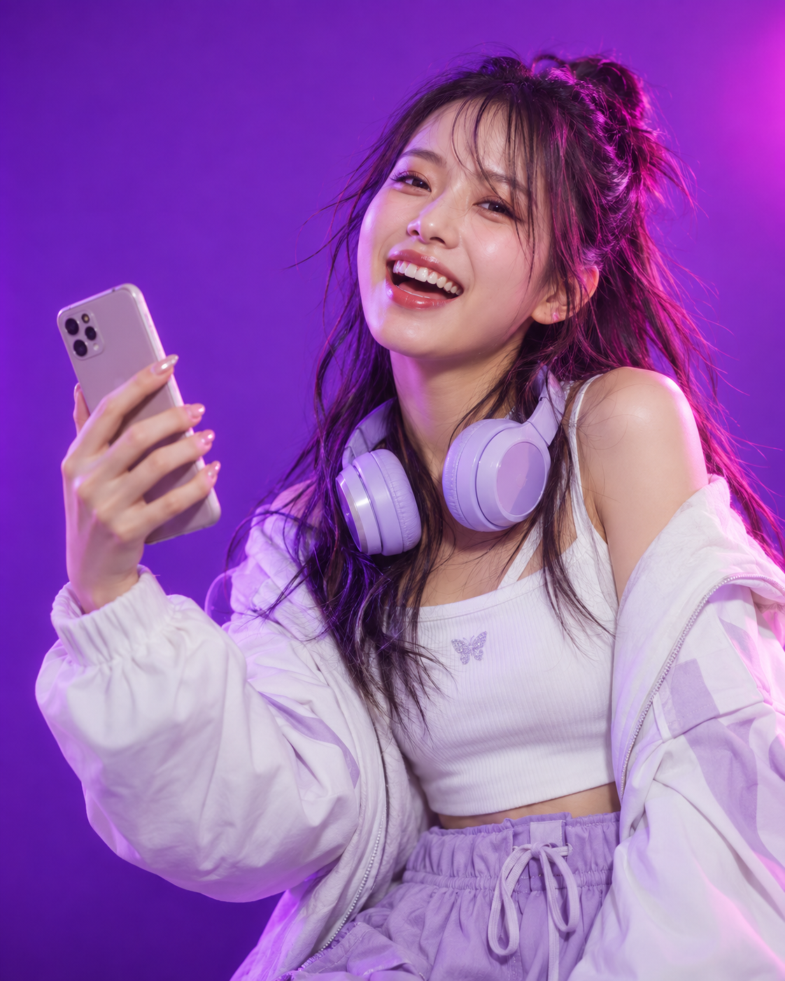 スマートフォンを手に、笑顔を見せる配信者のイメージ